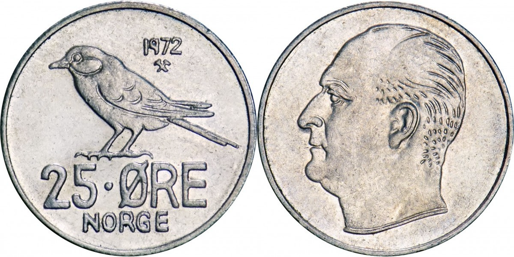 Норвегия 25 эре, 1958 - 1973 Король Улаф V XF