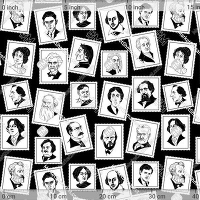 Марки с великими писателями, черно-белый узор by Irina Ivanova 395 DPI