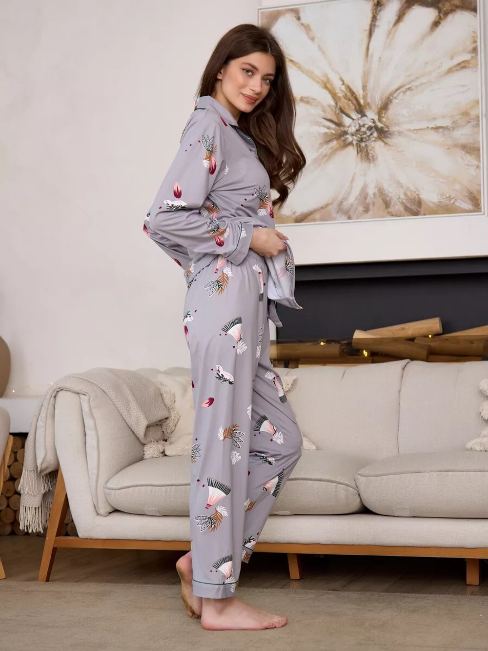 [m]Пижама жен. б/в штаны+рубашка д/р В2627