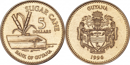 Гайана 5 долларов, 1996 - 2022 Сахарный тростник XF
