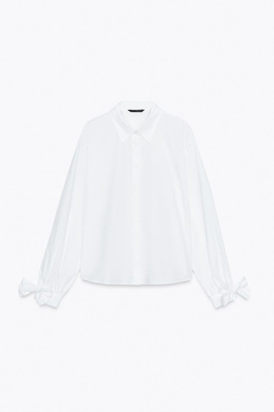 ZARA РУБАШКА ИЗ ПОПЛИНА С ЗАВЯЗКАМИ, БЕЛЫЙ