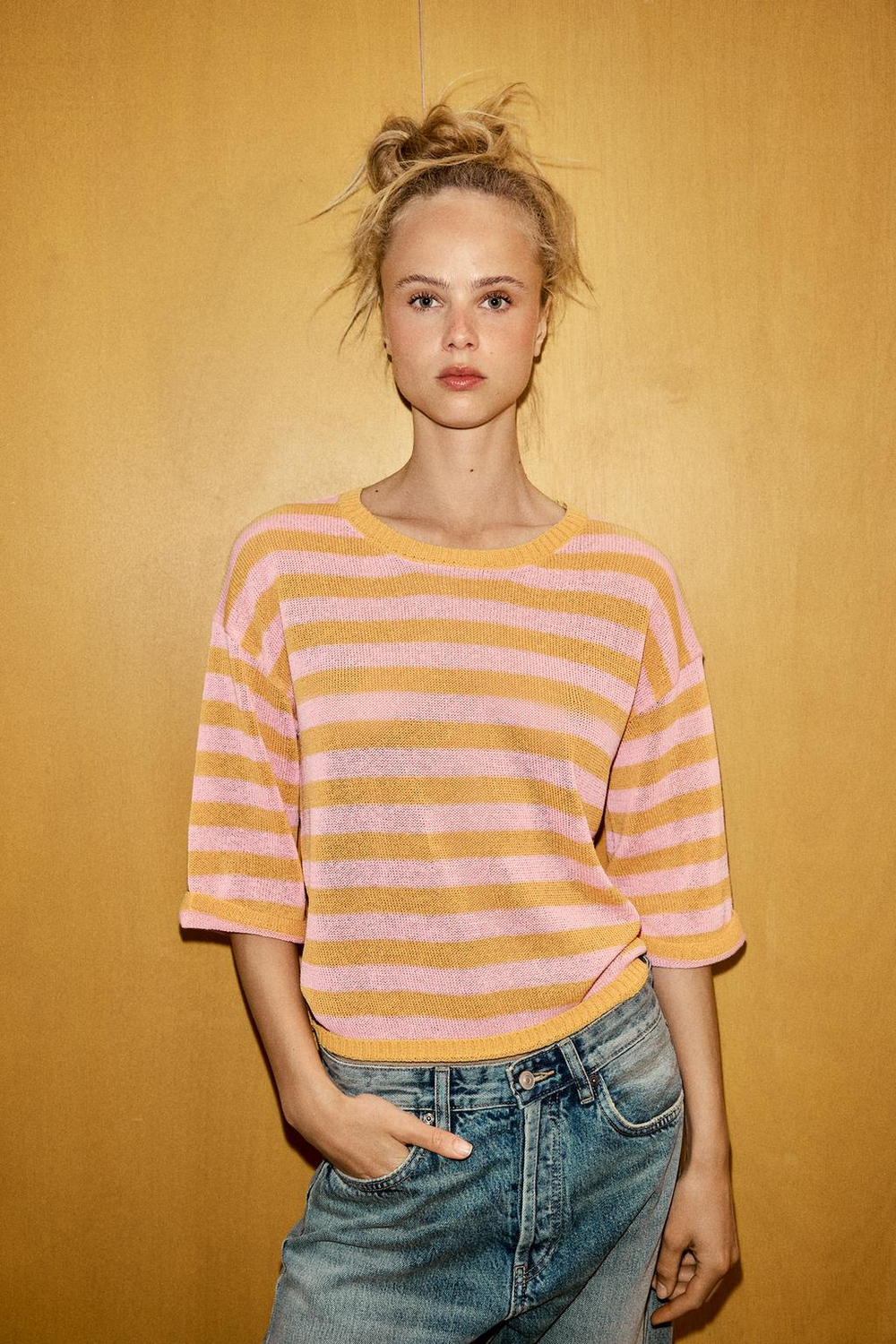 ZARA ТРИКОТАЖНЫЙ ТОП В ПОЛОСКУ, ОРАНЖЕВЫЙ