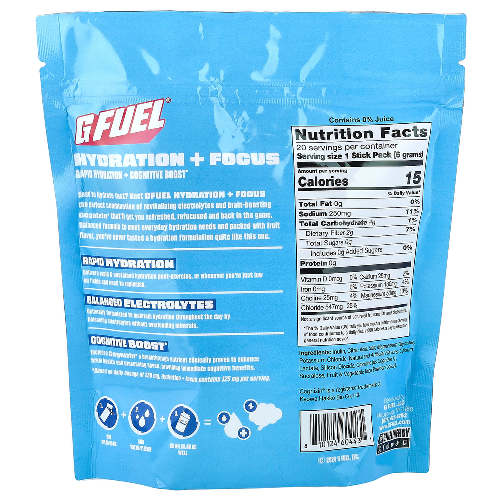 G FUEL, Hydration + Focus, смесь для приготовления электролитического напитка с Cognizin®, со вкусом клубники, 20 пакетиков-стиков по 6 г (0,21 унции)
