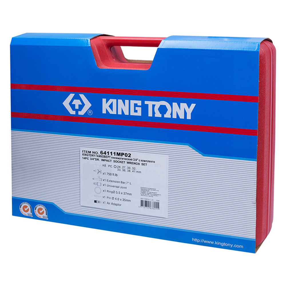 Гайковерт пневматический ударный 3/4&quot;, 1085 Нм, с комплектом головок, 14 предметов KING TONY 64111MP02