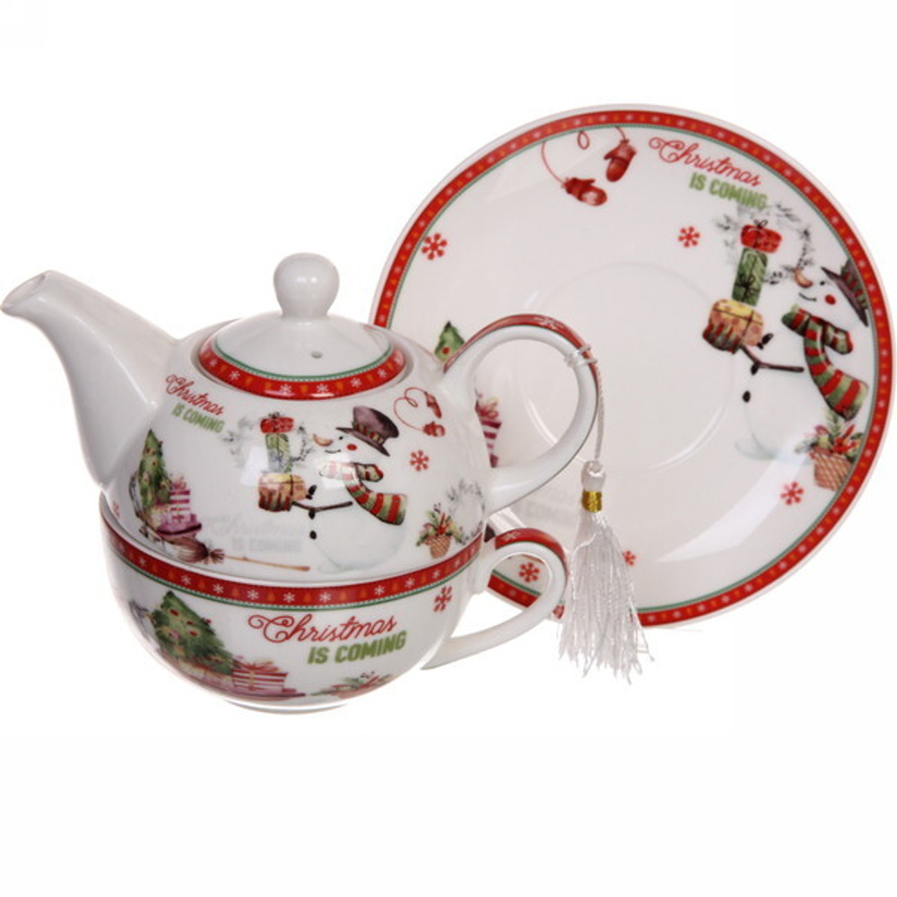 Набор чайный 3предмета ( чайник керамический 300мл+кружка 250мл+блюдце) «Снеговик»