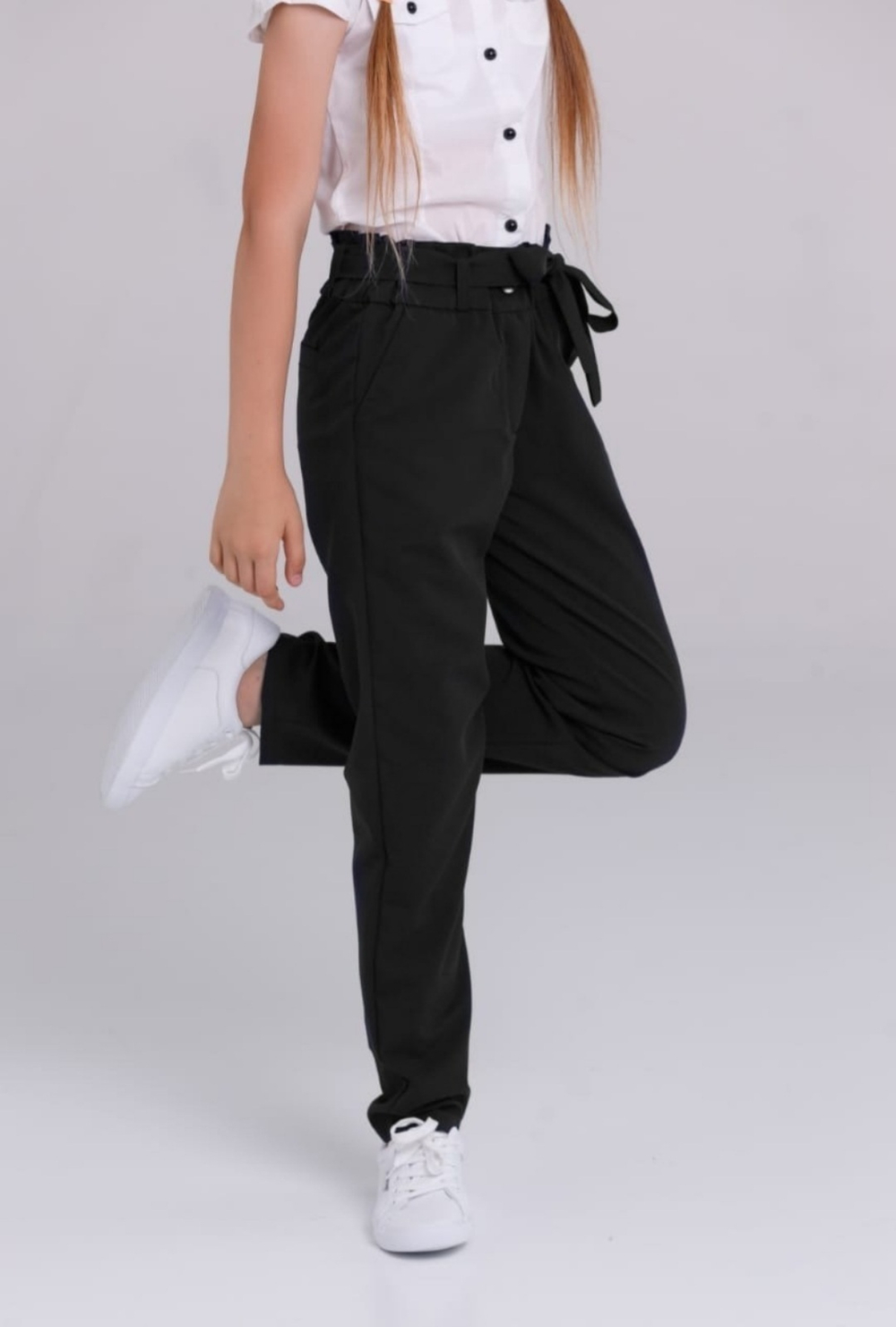 Брюки детские для девочки синие темно-синие школьные классика классические демисезонные прямые на резинке с поясом бананы