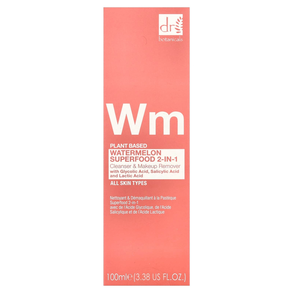 Dr. Botanicals, Watermelon Superfood 2-в-1, очищающее средство и средство для снятия макияжа, для всех типов кожи, 100 мл (3,38 жидк. Унции)