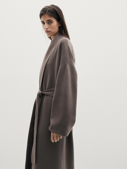 Massimo Dutti Длинный кардиган с поясом, коричневый