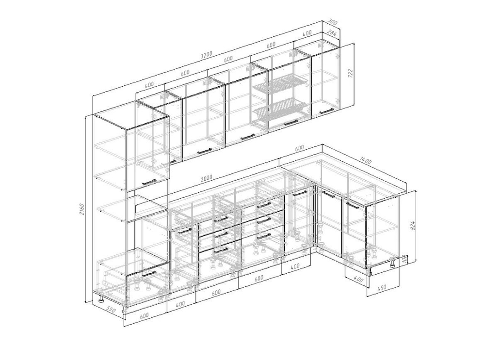 Кухонный гарнитур угловой Fusion 3200х1400 (26 мм)