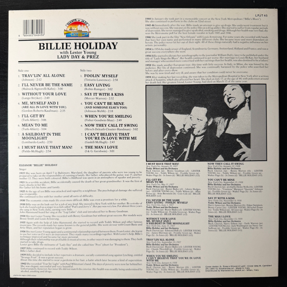 Billie Holiday With Lester Young ‎– Lady Day & Prez (Италия 1986г.) Т