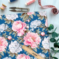 Ткань премиум сатин цветущие пионы на темно-голубом