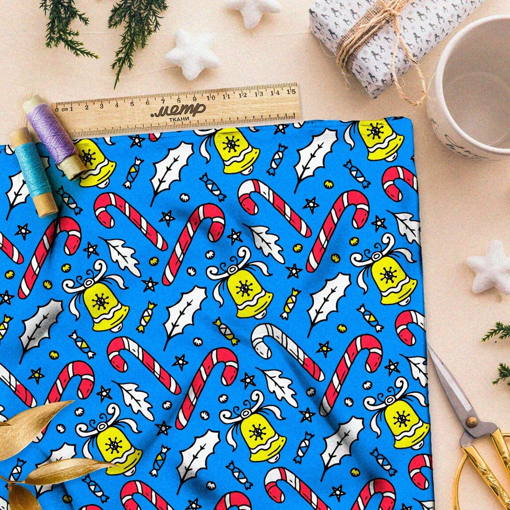 Ткань оксфорд 600 рождественские леденцы и жёлтые колокольчики