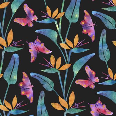 Паттерн на черном фоне, стрелиции, бабочки, листья