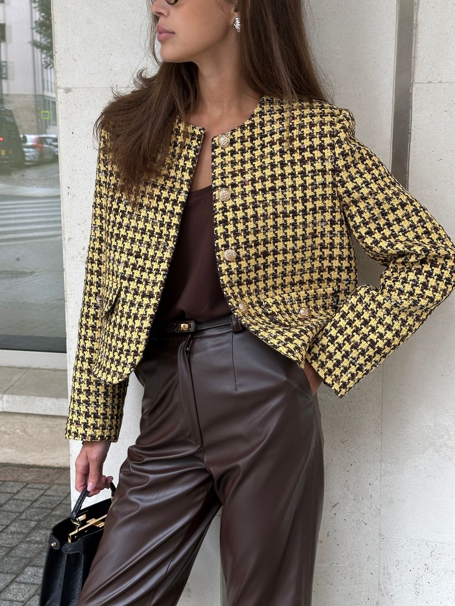 Жакет из твида укороченный желто-коричневый