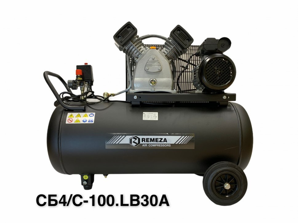 Компрессор поршневой 100.LB30A REMEZA (Белоруссия): 420 л/мин., 10 бар, ресивер 100 л., 2,2 кВт, 220В, габариты без упак. 1150х490х850 мм, 92 кг.