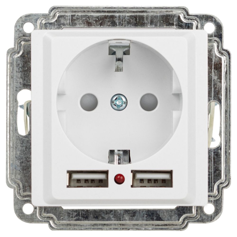 Розетка Intro Accent 6-410-01 P+E Schuko со шторками, 16А-250В + 2хUSB, IP20, СУ, белый