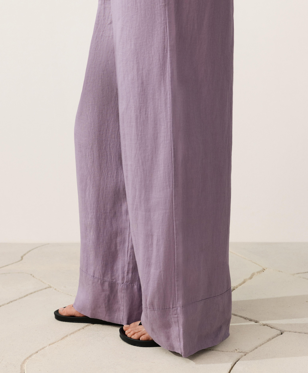 OYSHO Прямые брюки из 100% льна с декоративной строчкой, сиреневый