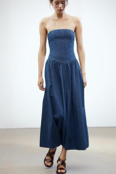 ZARA ДЖИНСОВОЕ ПЛАТЬЕ TRF МИДИ, СИНИЙ