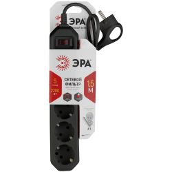 Сетевой фильтр ЭРА USF-5es-1.5m-B с базовой защитой с заземлением с выключателем 5 розеток 1,5м 10А черный | Электротовары