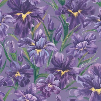 Яркие цветы ириса и изящные листья на светло-фиолетовом фоне.