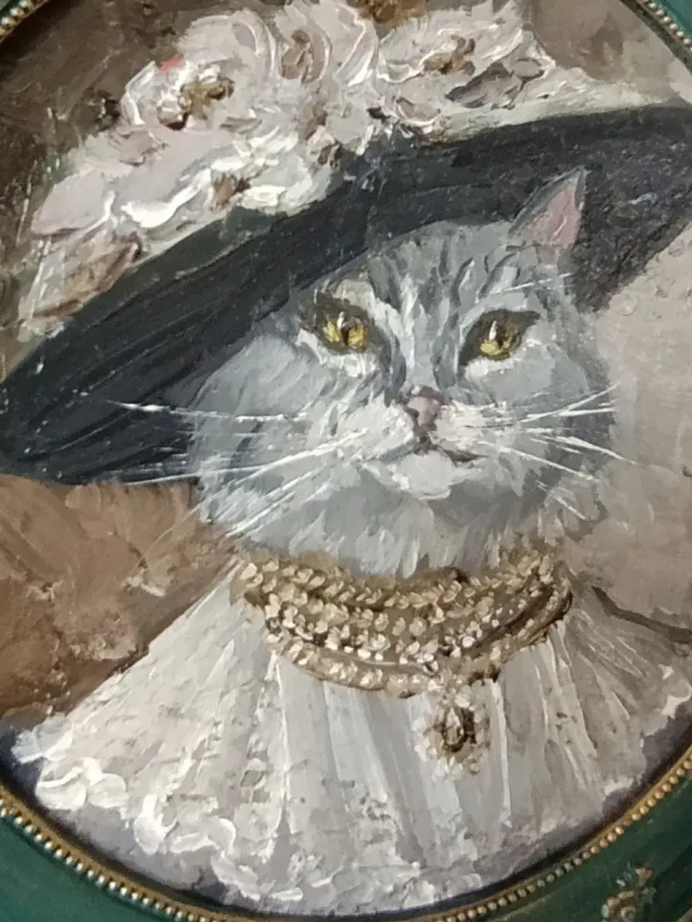 Картина маслом в круглой рамке Кошка