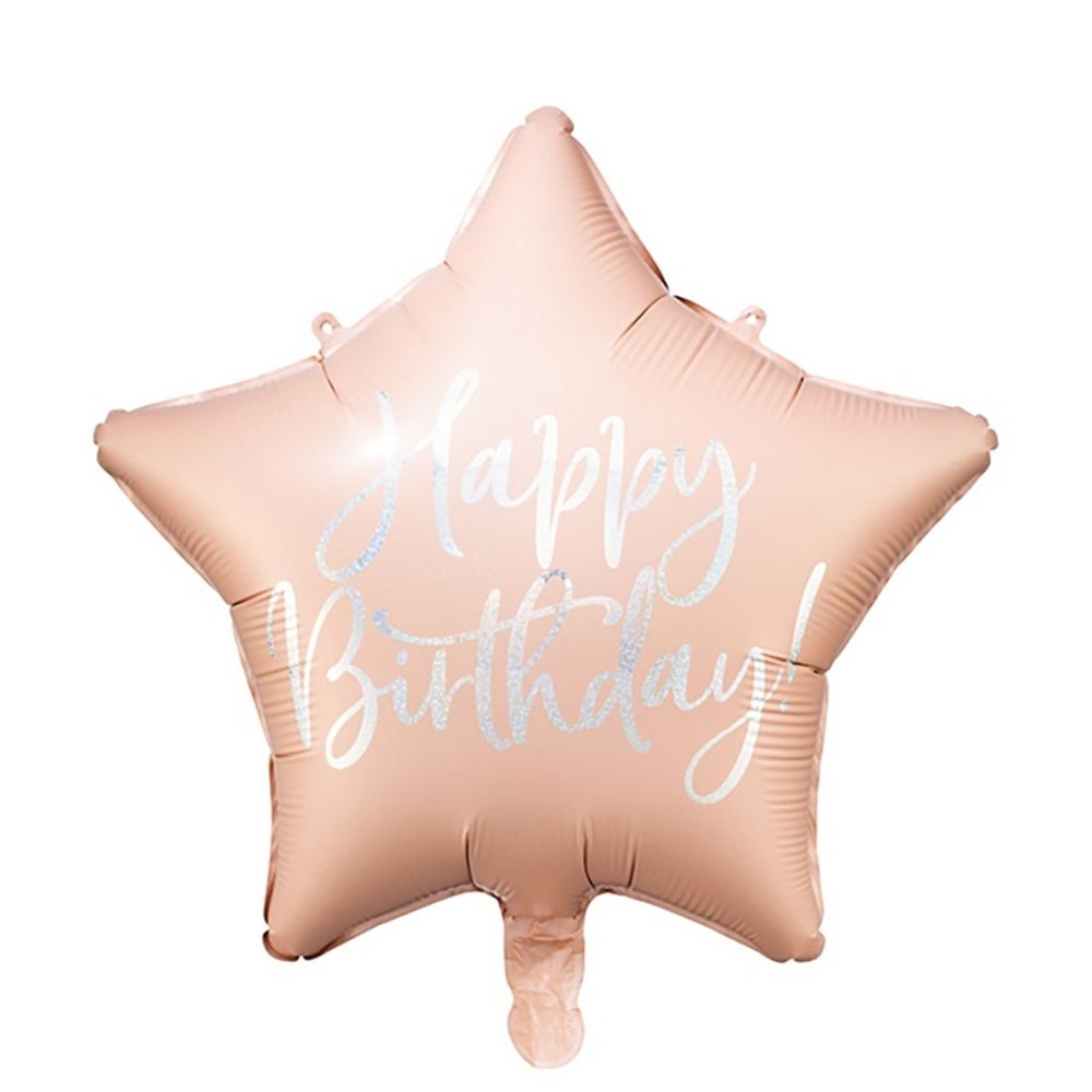 звезда с гелием розового цвета с голографической надписью Happy Birthday