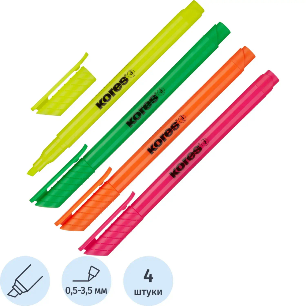 Набор текстовыделителей Kores 0,5-3,5 мм скош.након.наб.4цв.'36240