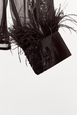 ZARA ПОЛУПРОЗРАЧНАЯ БЛУЗКА С ПАЙЕТКАМИ И ПЕРЬЯМИ, КОРИЧНЕВЫЙ