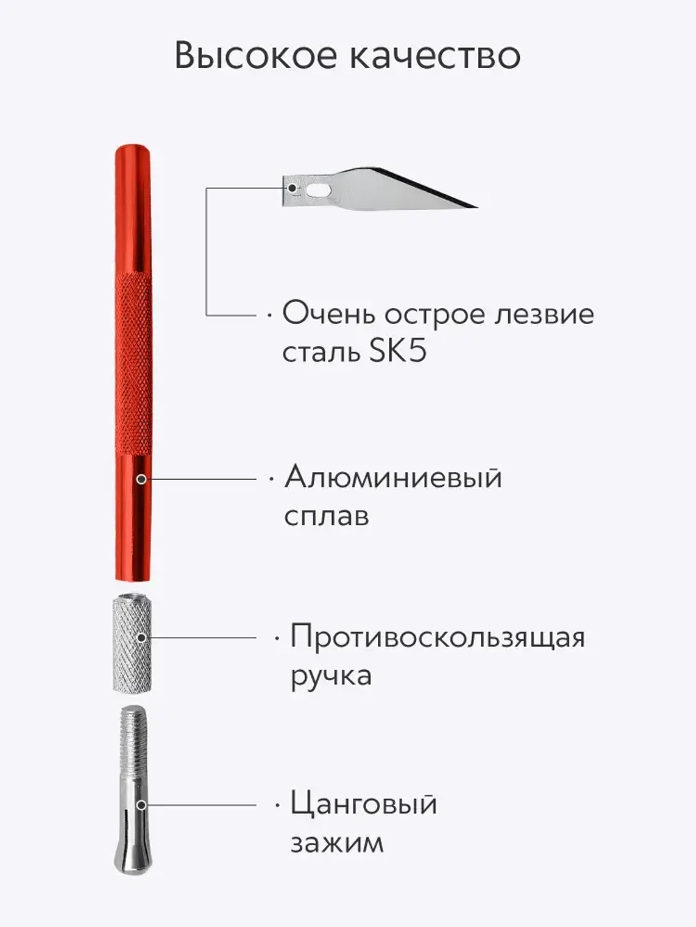 Нож скальпель канцелярский, макетный + 5 лезвий, алюминий, красный