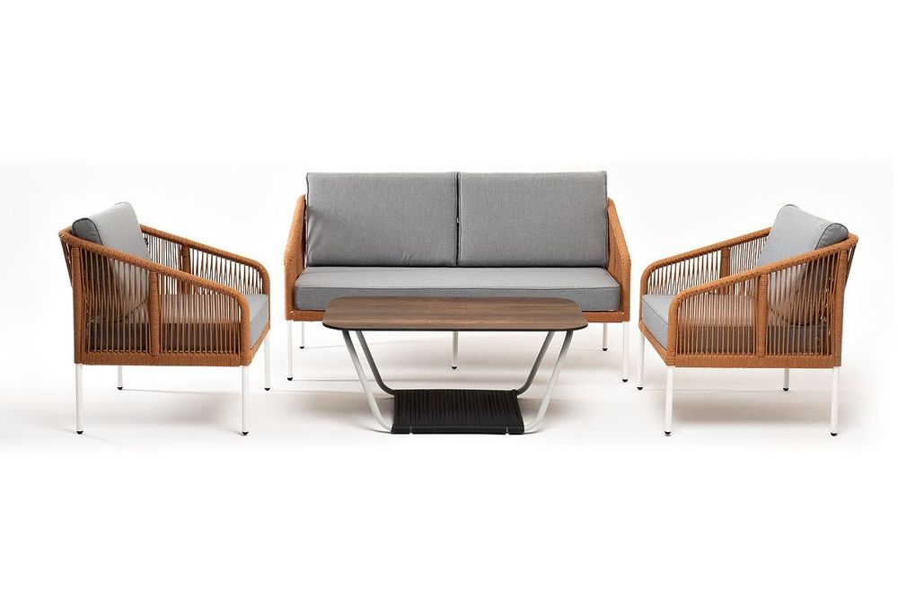 "Канны" лаунж-зона 4-местная из роупа со столом "Глория" цвет "дуб", каркас алюминиевый светло-серый, роуп оранжевый меланж