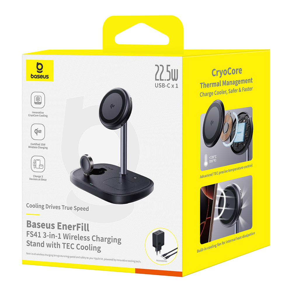Беспроводная зарядка Baseus EnerFill FS41 3-in-1 Wireless Charging Stand with TEC Cooling Qi2+2Qi 22.5W (45W Adapter Included)