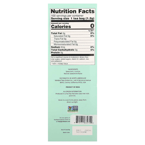 VAHDAM India, Infusions, травяной чай, мята колосистая, без кофеина, 100 пакетиков для заваривания, 120 г (4,23 унции)