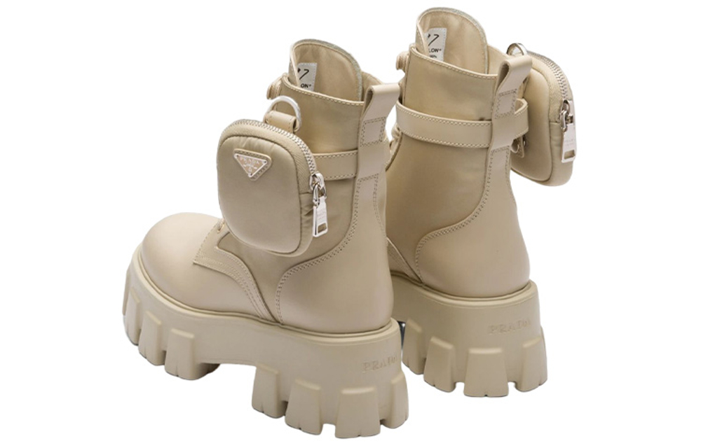 PRADA Monolith 55mm Pouch Ankle Boots Desert Beige Leather Women"s