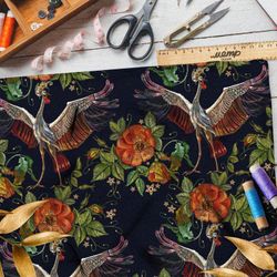 Ткань оксфорд 600 горделивый журавль и красные цветы