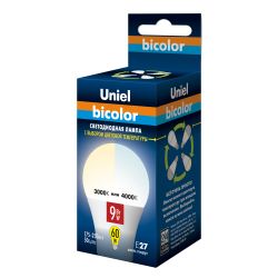 LED-A60-9W-WW+NW-E27-FR PLB01WH Лампа светодиодная. Форма А. матовая. Серия Bicolor. Теплый белый свет Белый свет. Картон. ТМ Uniel.