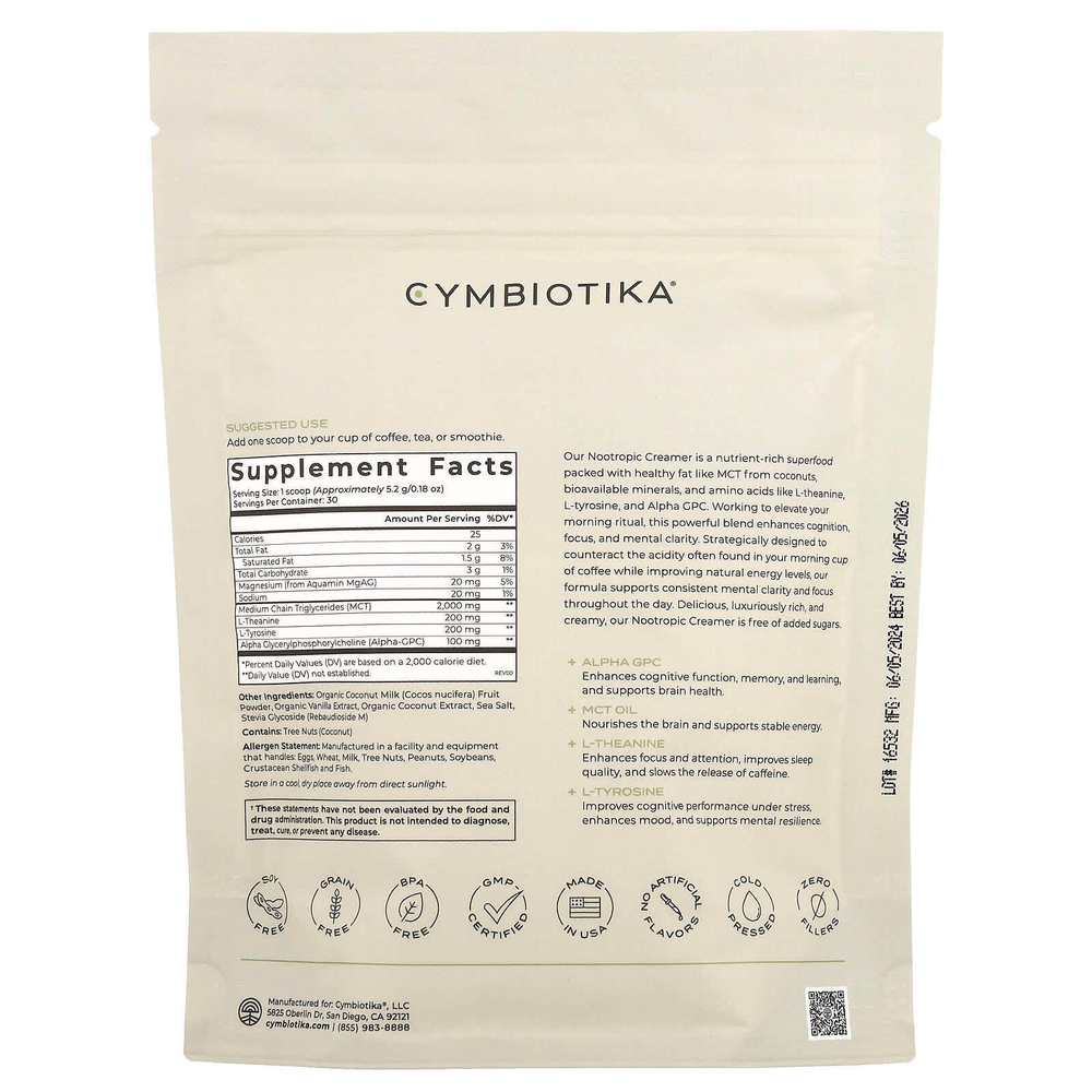 Cymbiotika, Ноотропные сливки, кокос и ваниль, 157 г (0,35 фунта)