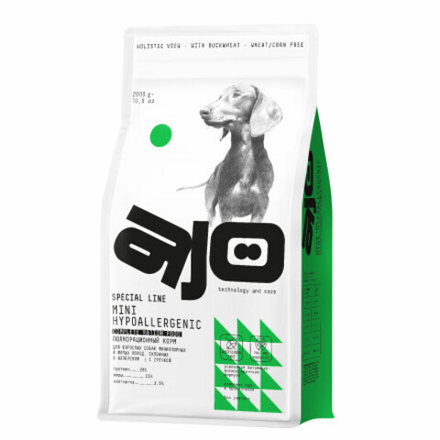 AJO Dog 2кг Mini Hypoallergenic корм с Индейкой и  гречкой для взрослых собак миниатюрных и малых пород, склонных к аллергии