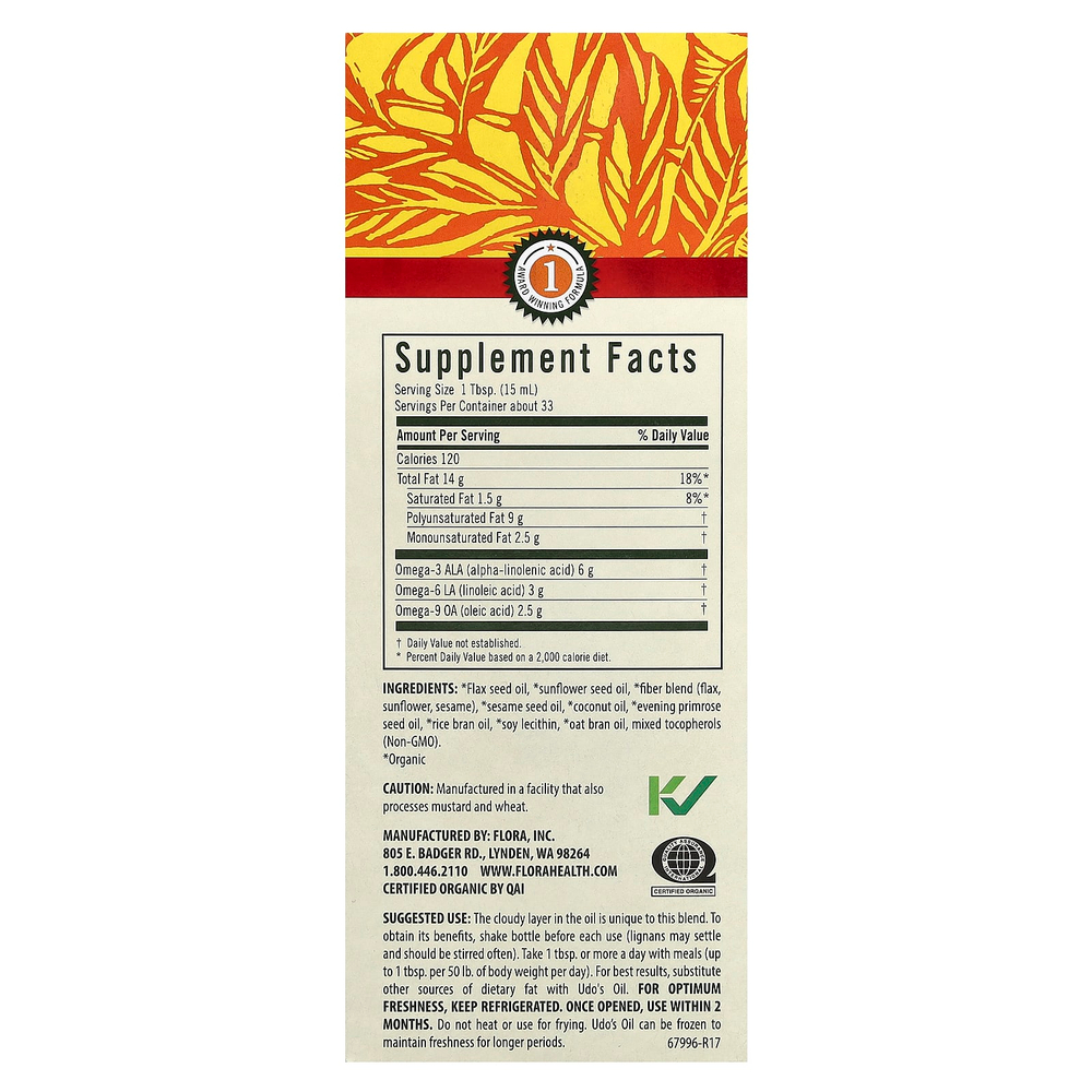 Flora, Udo's Choice, сертифицированная органическая смесь Udo's Oil с высоким содержанием лигнана 3, 6, 9, 500 мл (17 жидк. унций)