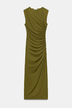 ZARA ПЛАТЬЕ МИДИ СО СБОРКАМИ, ОЛИВКОВЫЙ