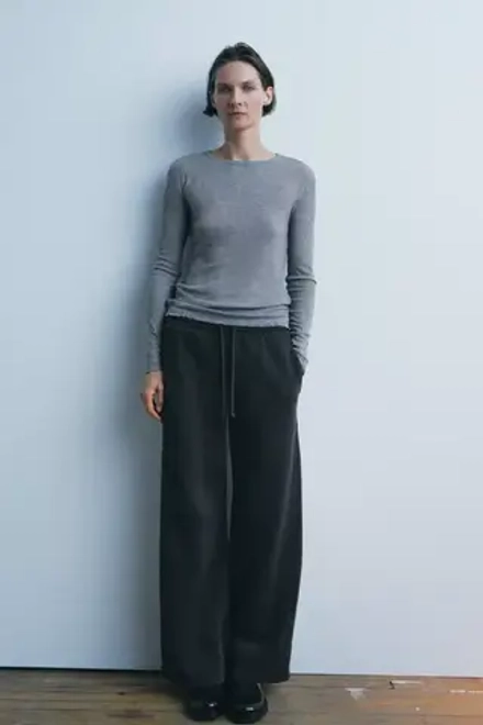 ZARA ФУТБОЛКА В РУБЧИК С ДЛИННЫМИ РУКАВАМИ, СЕРЫЙ С МЕЛАНЖЕВЫМ ЭФФЕКТОМ