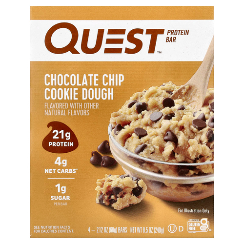 Quest Nutrition, Протеиновый батончик, тесто с шоколадной крошкой, 4 батончика, 60 г (2,12 унции)
