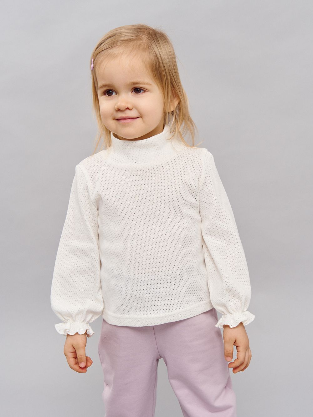 Лонгслив с воротником-стойкой "Молоко" из ажурного хлопка 0+