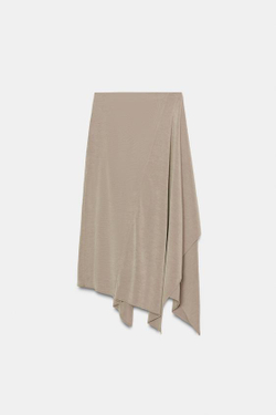 ZARA СТРУЯЩАЯСЯ ЮБКА АСИММЕТРИЧНОГО КРОЯ, ПЕСОЧНЫЙ