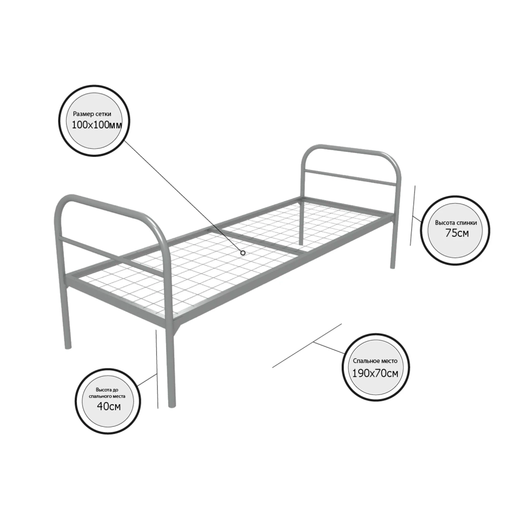 Кровать металлическая одноярусная Эконом +, 70x190 см, сетка 100x100, 1 перемычка