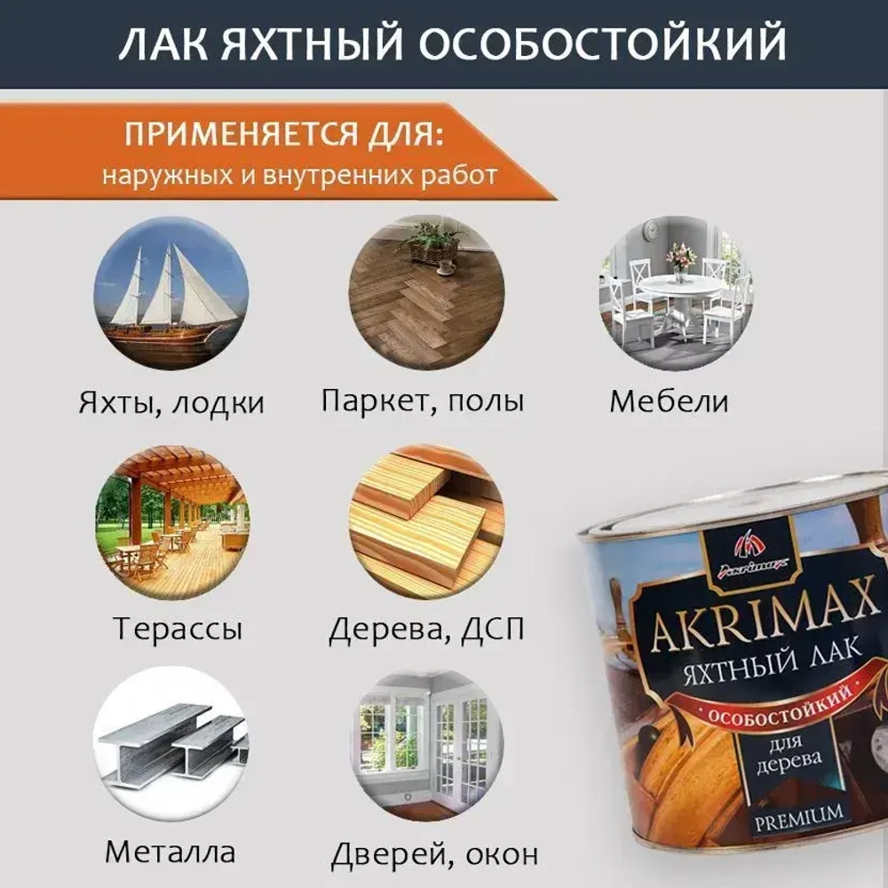 Лак яхтный алкидно-уретановый для дерева и металла AKRIMAX для наружных и внутренних работ, атмосферостойкий, глянцевый, бесцветный 1,7 кг
