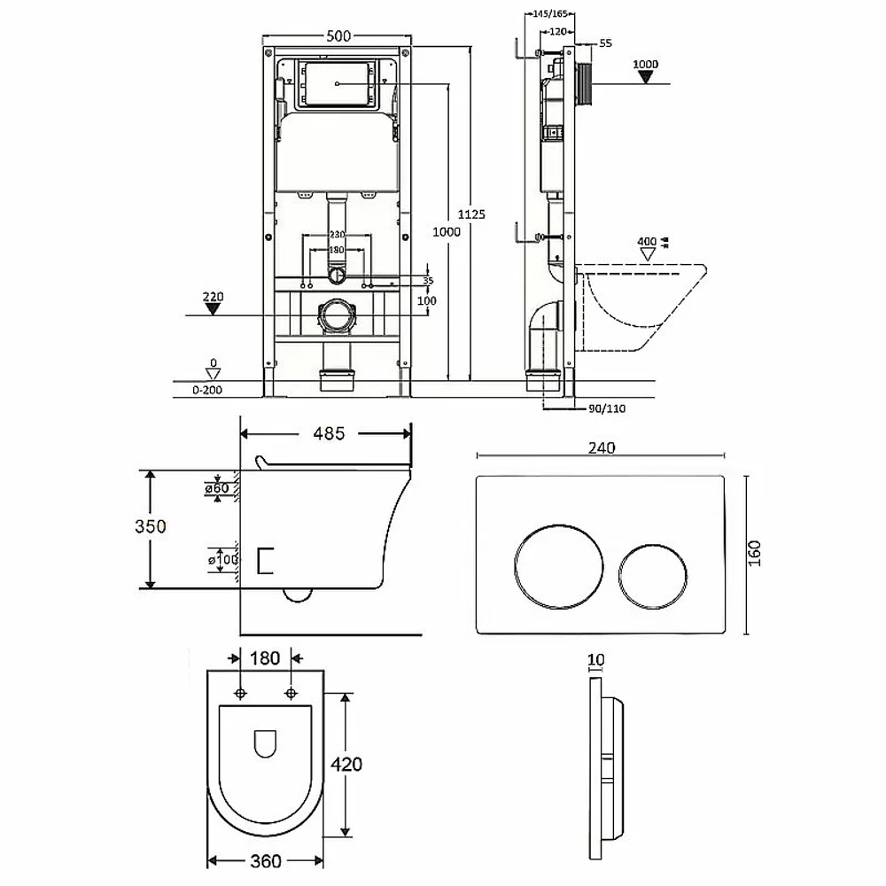 Унитаз подвесной Orange CI01-100W+APB100 безободковый, с крышкой микролифт, с инсталляцией, белый/кнопка хром