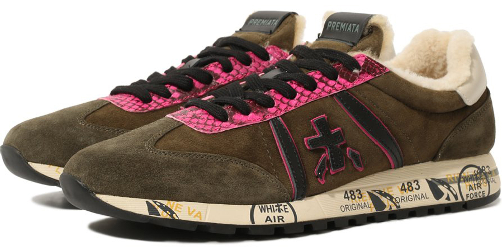 Premiata Lucy-D Хаки с розовым с мехом