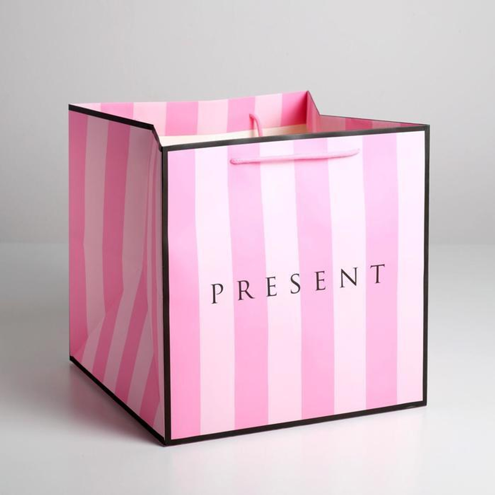 Пакет подарочный 30*30*30 см. «Present» (белый с розовым)