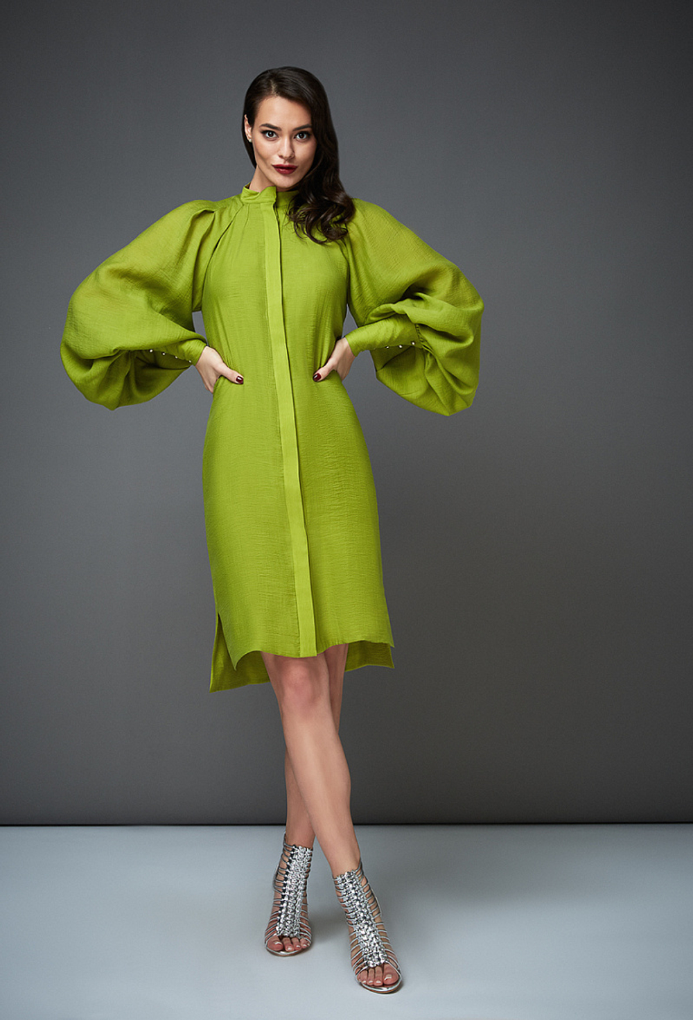 Платье - рубашка с потайной планкой травяное 32-02-20 SS