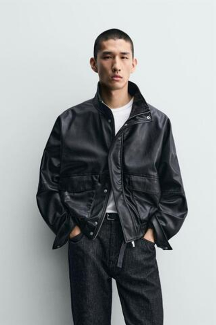 ZARA УКОРОЧЕННАЯ КУРТКА ИЗ ИСКУССТВЕННОЙ КОЖИ, ЧЕРНЫЙ